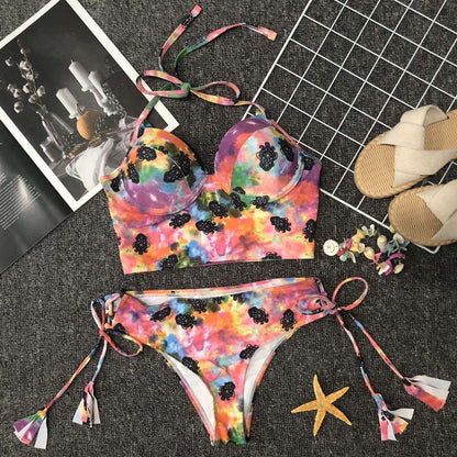 Ladies Split Swimwear Dyed Swimsuit Bikini Swimwear