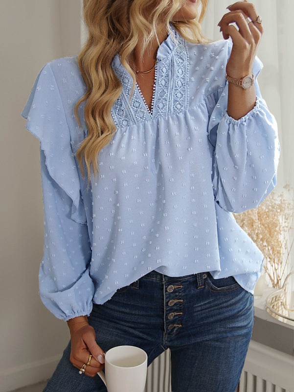 Women's Ruffled Lantern Sleeve Lace Panel Shirt Top