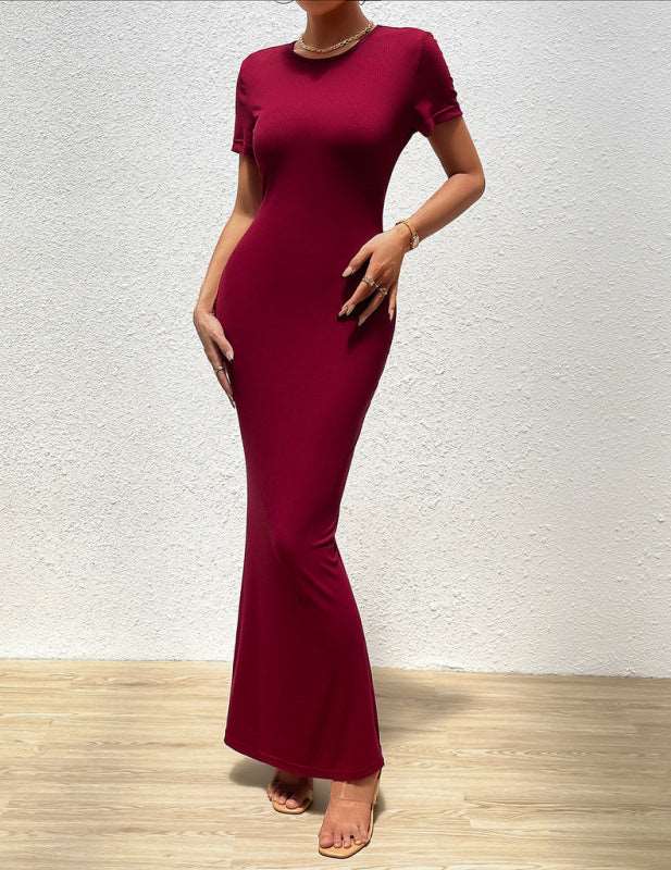 Elegant solid color round neck short-sleeved slim dress