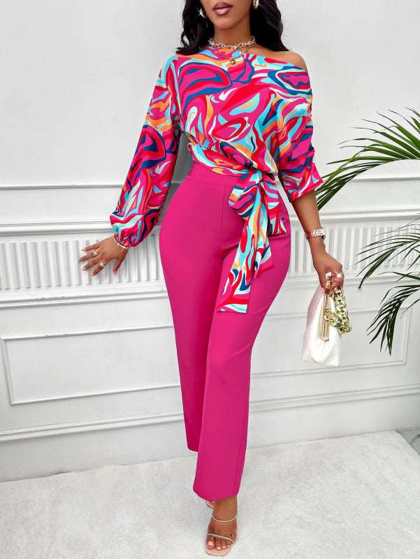 Women Sexy slanted shoulder shirt and pants suit