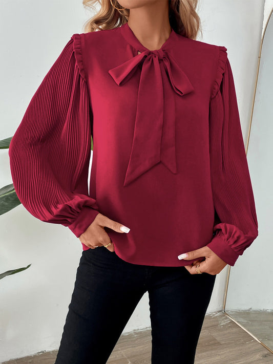 Women's Pleated Long Sleeve Bow Tie Neck Burgundy top