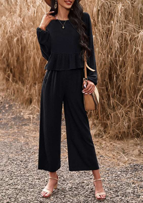 Women casual suit solid color long-sleeved top loose trousers