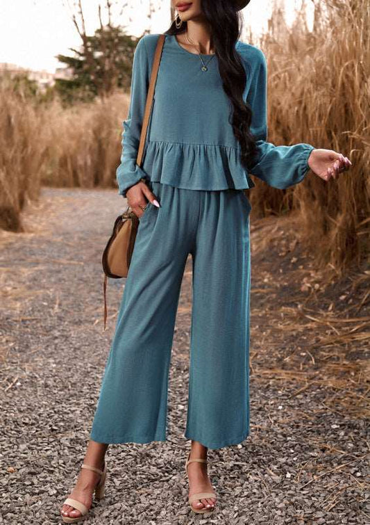 Women casual suit solid color long-sleeved top loose trousers