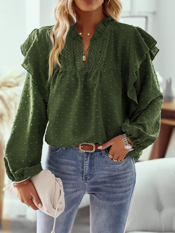 Women's Ruffled Lantern Sleeve Lace Panel Shirt Top