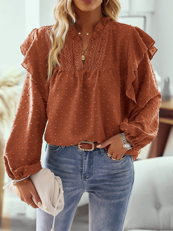 Women's Ruffled Lantern Sleeve Lace Panel Shirt Top