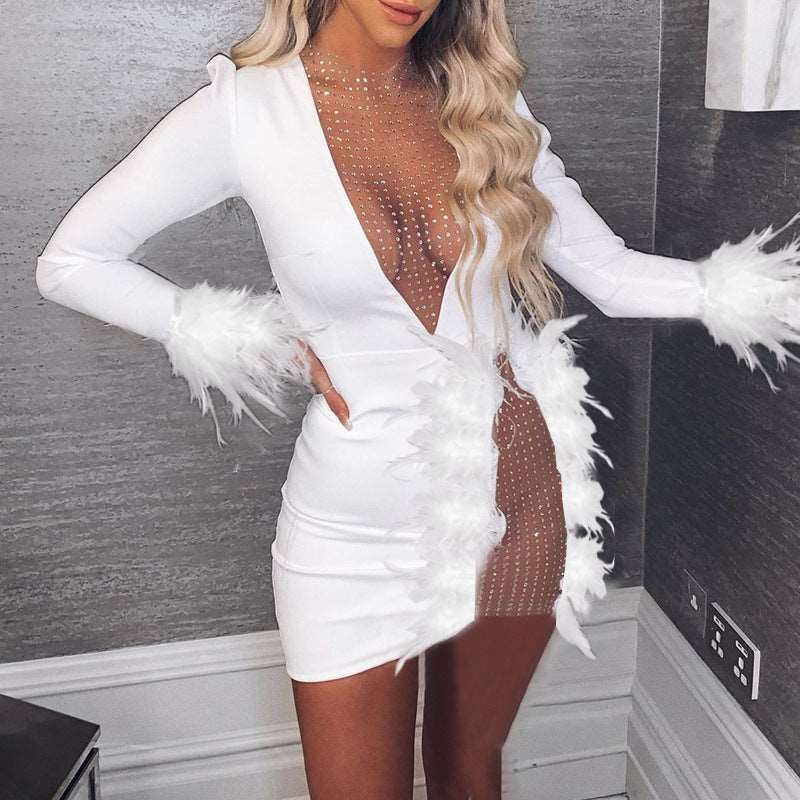 Mesh V-neck Stitching Mesh Feather Decoration Slim Dress Women