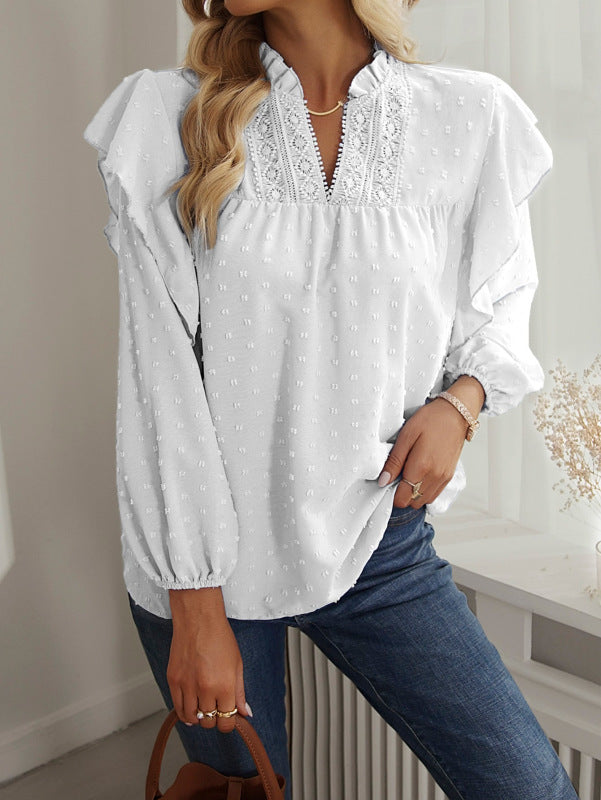 Women's Ruffled Lantern Sleeve Lace Panel Shirt Top