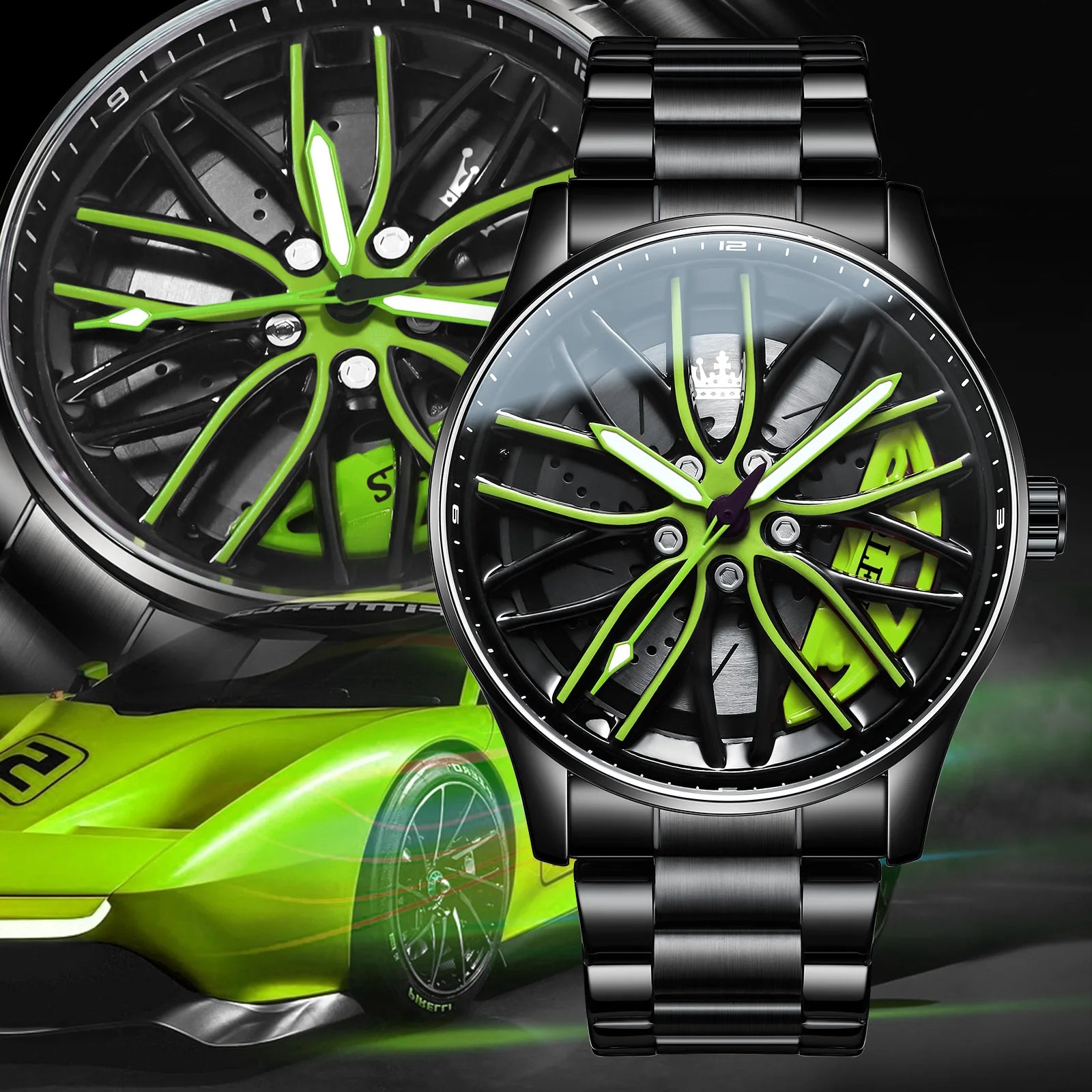 OLEVS Wheel Hub Watch for Men 360° Rotary Dial Sport Car Rim High Quality Luxury Fashion Best Selling Green Quartz Men's Watches - FashionistaDeal