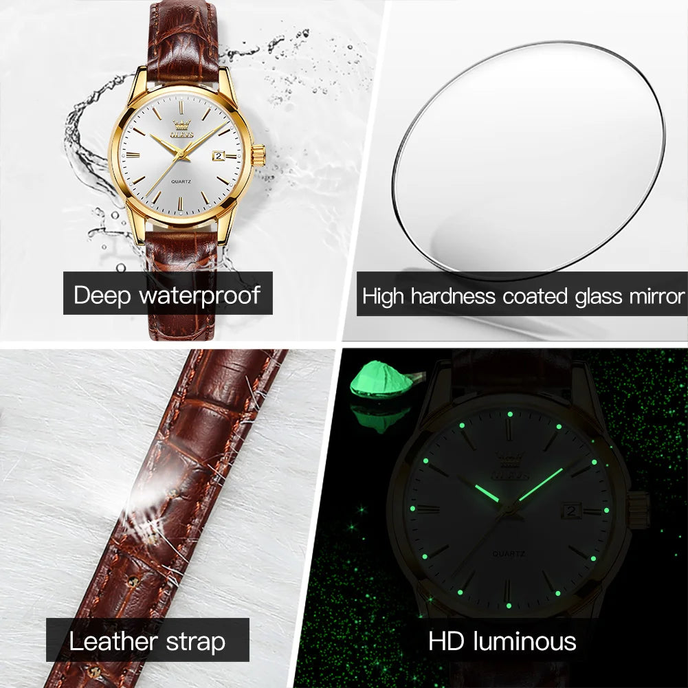 OLEVS Top Brand Quartz Ladies Watches Waterproof Leather Strap Fashion Women Watch Date Clock - FashionistaDeal