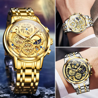 OLEVS Men's Watches Top Brand Luxury Original Waterproof Quartz Watch for Man Gold Skeleton Style 24 Hour Day Night New - FashionistaDeal