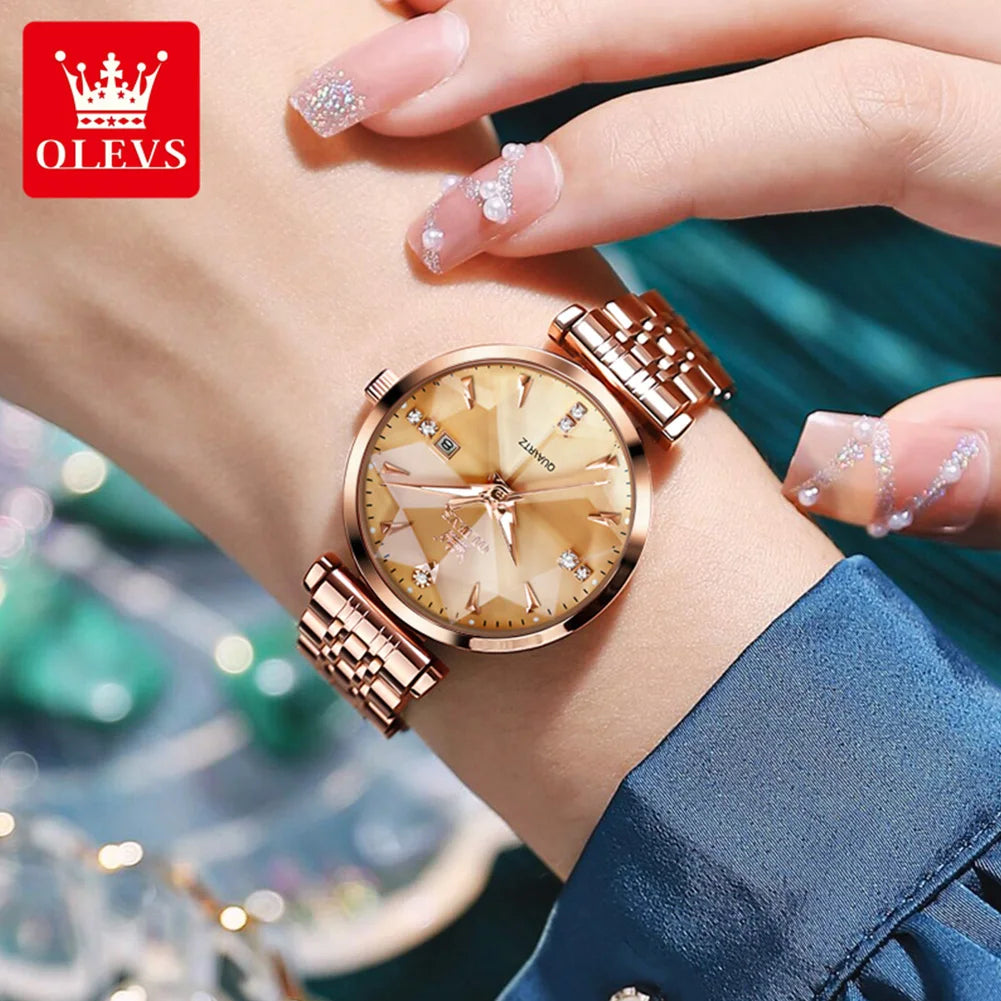 OLEVS Women Luxury Jewelry Quartz Watch Waterproof Stainless steel Strap Rose Gold Watch for Women Fashion Watch Bracelet Set - FashionistaDeal