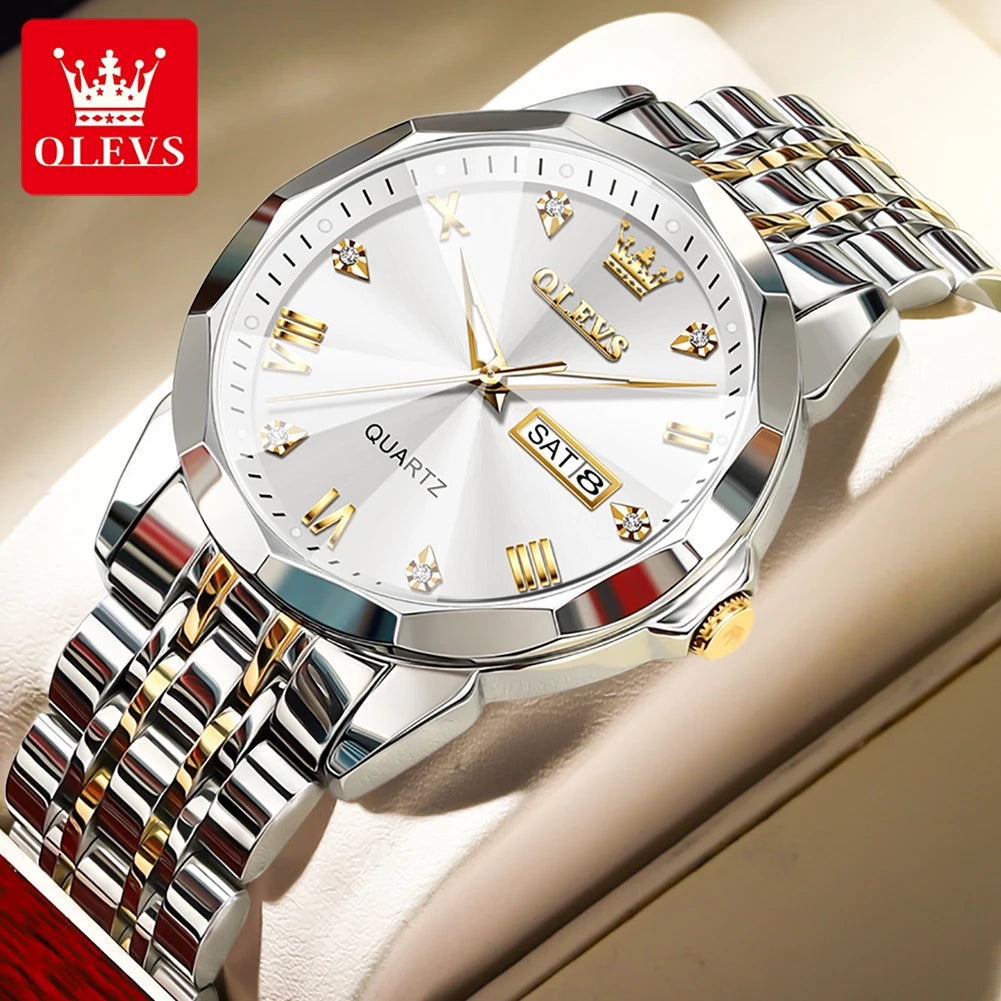 OLEVS Rhombus Mirror Quartz Watch for Men Stainless Steel Waterproof Luminous Date Week Mens Watches Top Brand Luxury Wristwatch - FashionistaDeal