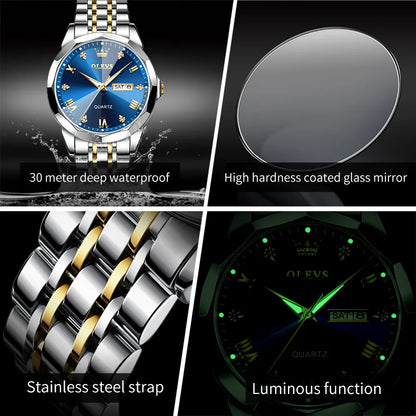 OLEVS Men's Watches Rhombus Mirror Original Quartz Watch for Man Waterproof Luminous Stainless Steel Wristwatch Male Date Week - FashionistaDeal