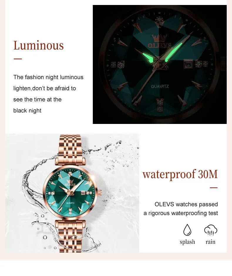 OLEVS Women Luxury Jewelry Quartz Watch Waterproof Stainless steel Strap Rose Gold Watch for Women Fashion Watch Bracelet Set - FashionistaDeal