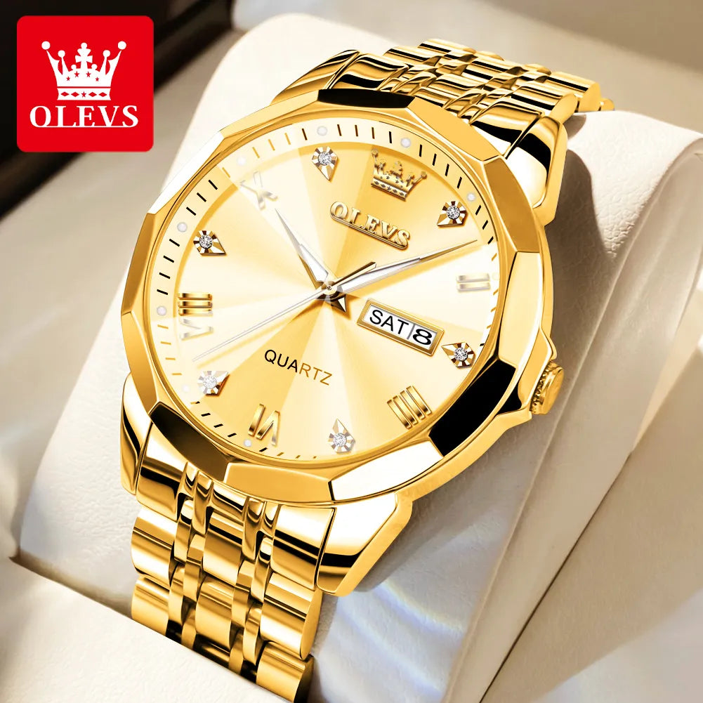 OLEVS Men‘s Watches Gold Original Quartz Wristwatch Waterproof Luminous Watch for Male Rhombus Mirror Date Week Luxury Dress - FashionistaDeal