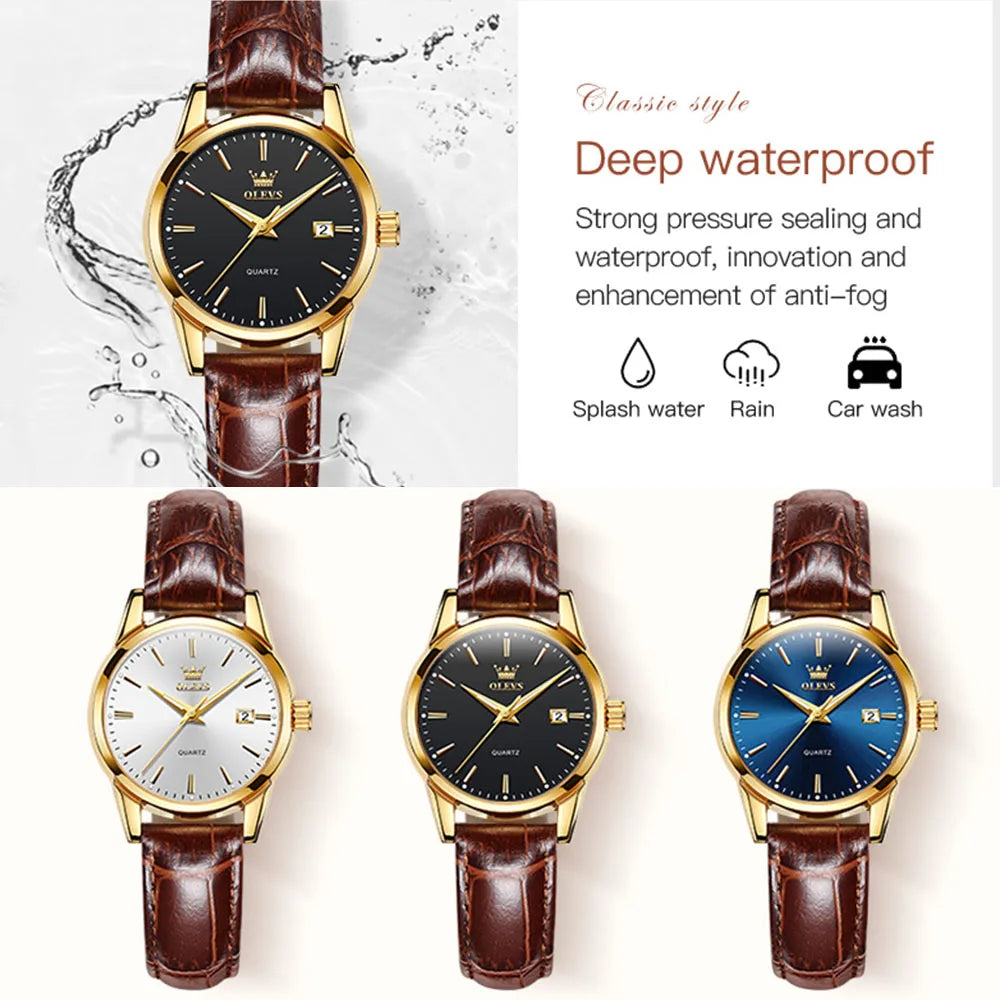 OLEVS Top Brand Quartz Ladies Watches Waterproof Leather Strap Fashion Women Watch Date Clock - FashionistaDeal