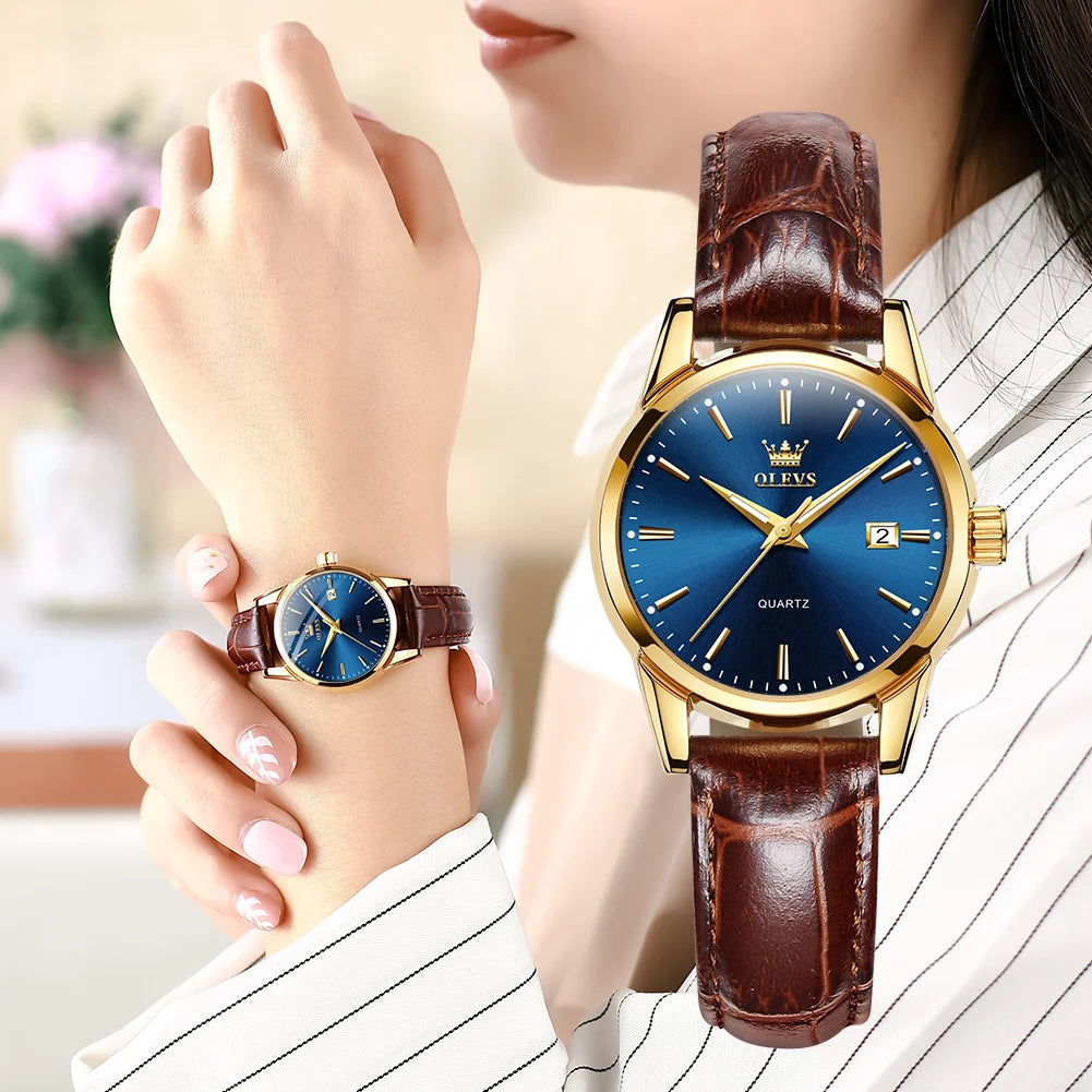 OLEVS Top Brand Quartz Ladies Watches Waterproof Leather Strap Fashion Women Watch Date Clock - FashionistaDeal