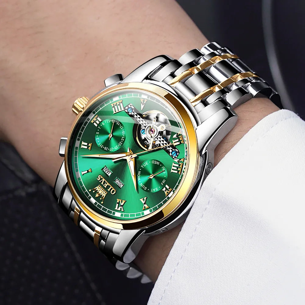 OLEVS Men Mechanical Watch Automatic Luxury Stainless Steel Waterproof Date Week Green Fashio Classic Wrist Watches Reloj Hombre - FashionistaDeal