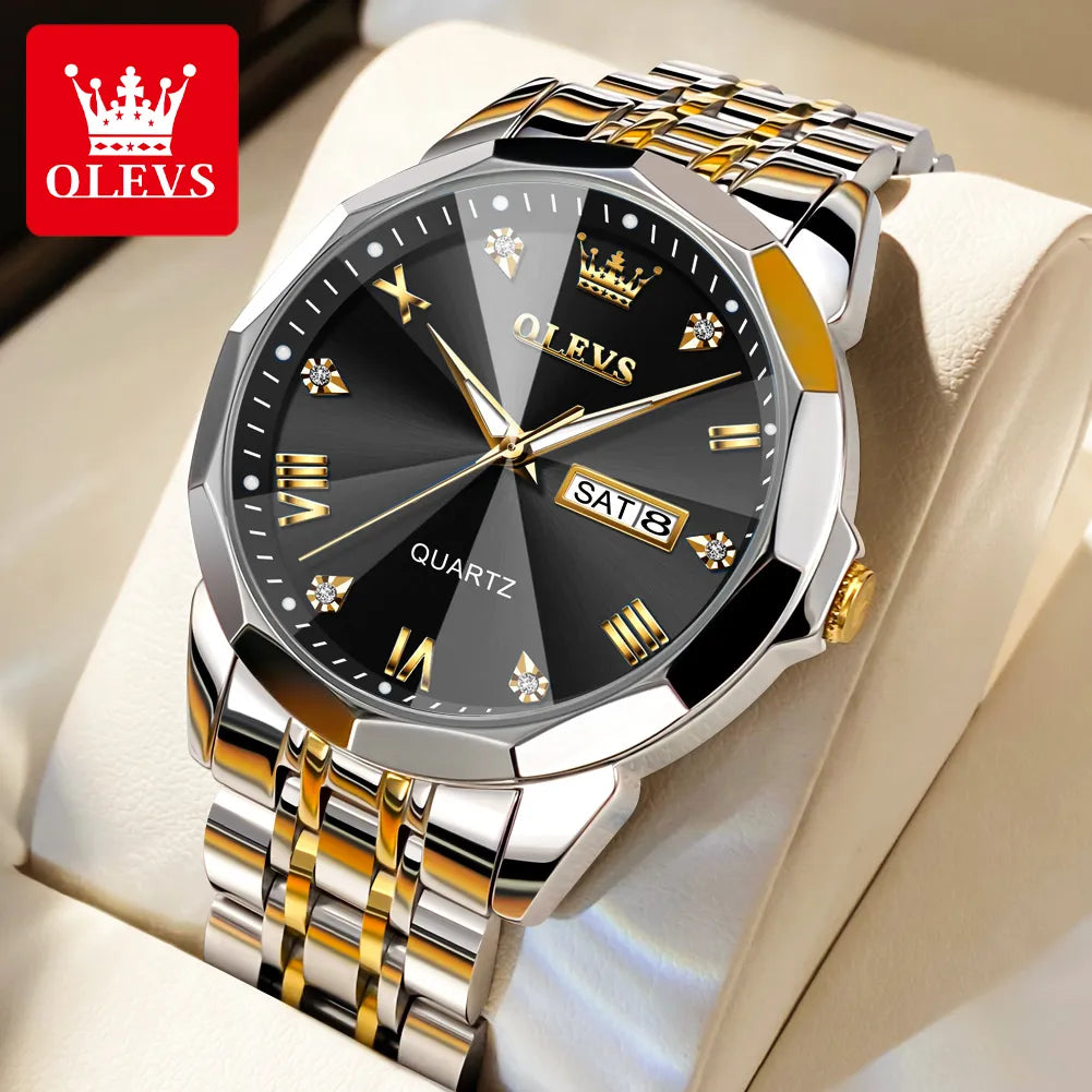 OLEVS Men‘s Watches Gold Original Quartz Wristwatch Waterproof Luminous Watch for Male Rhombus Mirror Date Week Luxury Dress - FashionistaDeal