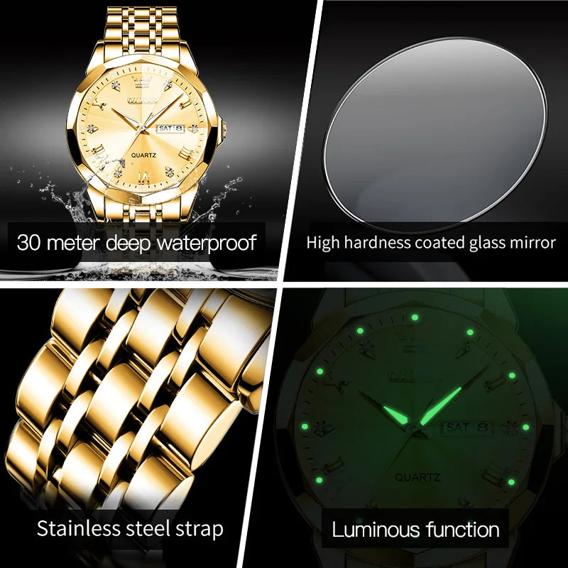 OLEVS Men‘s Watches Gold Original Quartz Wristwatch Waterproof Luminous Watch for Male Rhombus Mirror Date Week Luxury Dress - FashionistaDeal