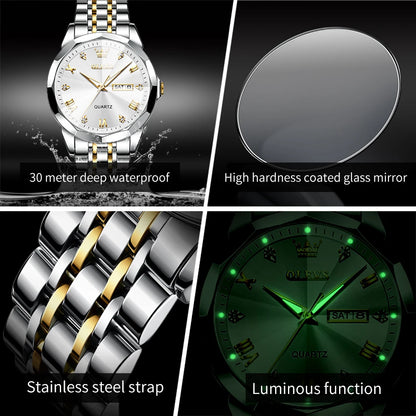 OLEVS Rhombus Mirror Quartz Watch for Men Stainless Steel Waterproof Luminous Date Week Mens Watches Top Brand Luxury Wristwatch - FashionistaDeal