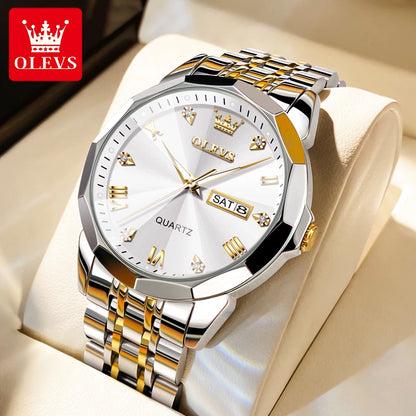 OLEVS Rhombus Mirror Quartz Watch for Men Stainless Steel Waterproof Luminous Date Week Mens Watches Top Brand Luxury Wristwatch - FashionistaDeal