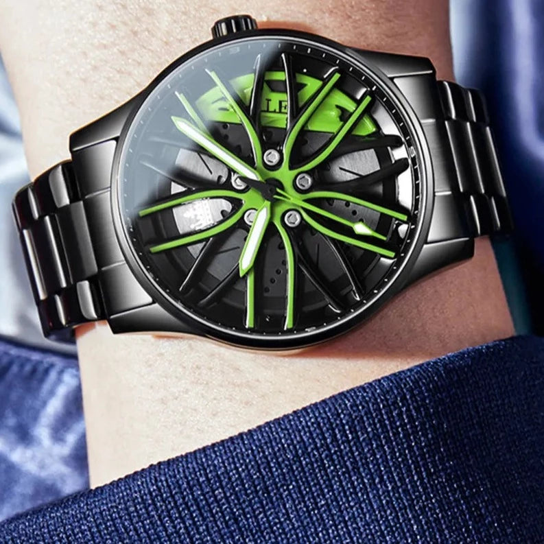 OLEVS Wheel Hub Watch for Men 360° Rotary Dial Sport Car Rim High Quality Luxury Fashion Best Selling Green Quartz Men's Watches - FashionistaDeal