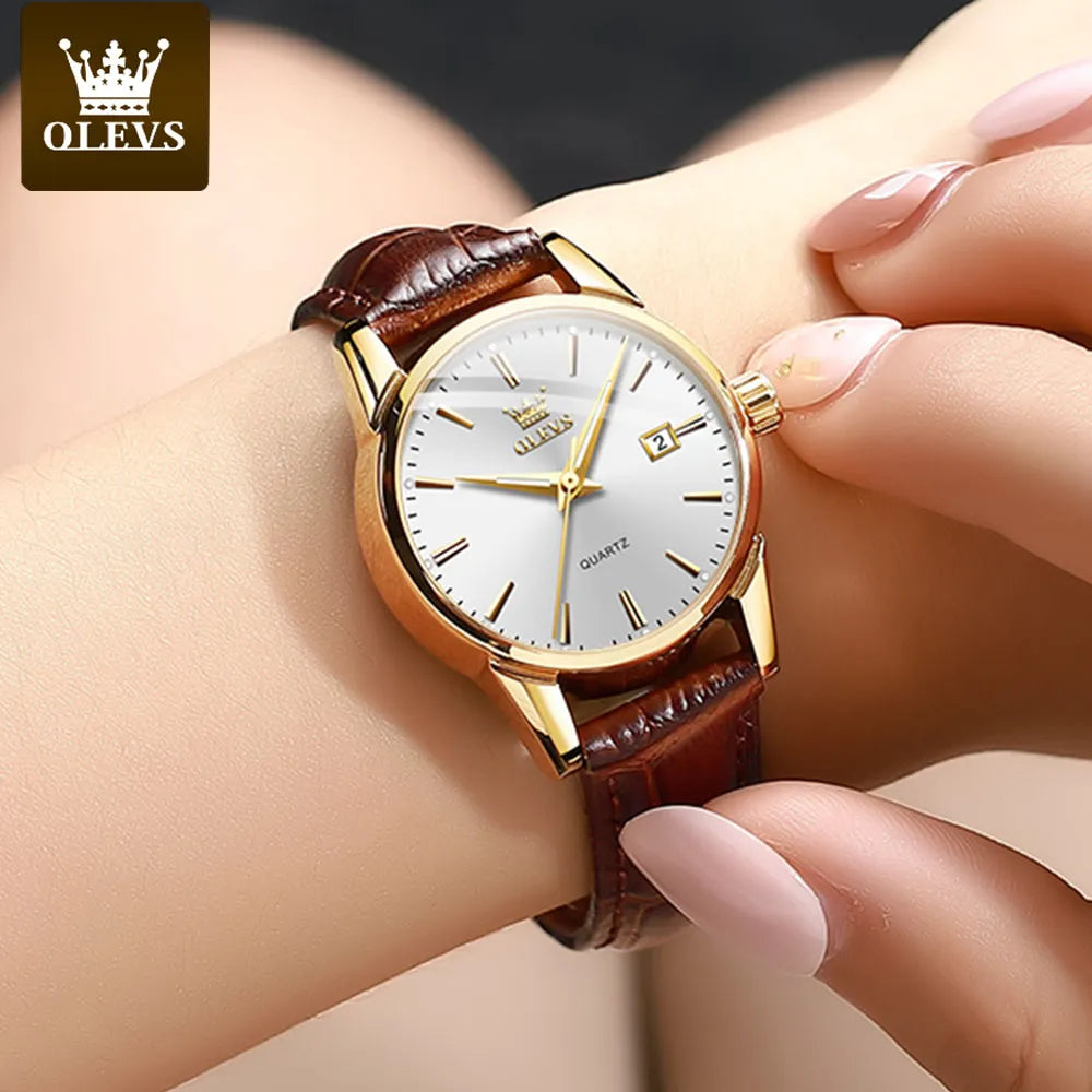 OLEVS Top Brand Quartz Ladies Watches Waterproof Leather Strap Fashion Women Watch Date Clock - FashionistaDeal