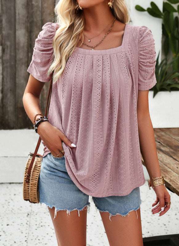 Casual solid color square neck puff sleeve shirt top