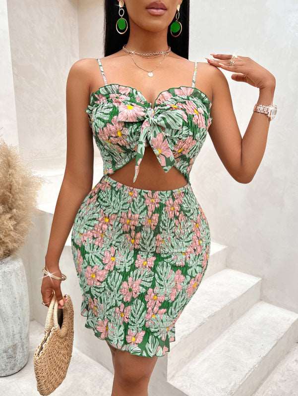 Sexy printed waist-cinching suspender dress for women