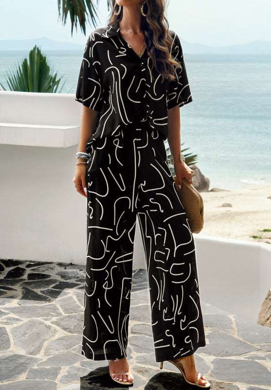 Elegant printed short-sleeved trousers two-piece suit