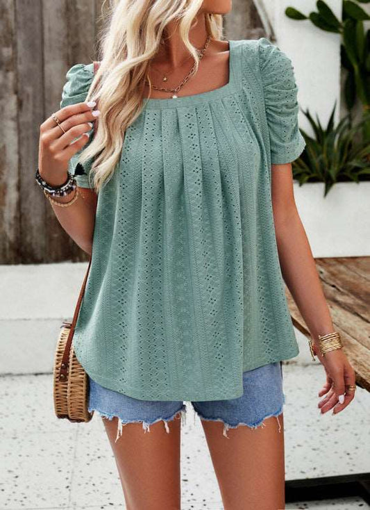 Casual solid color square neck puff sleeve shirt top