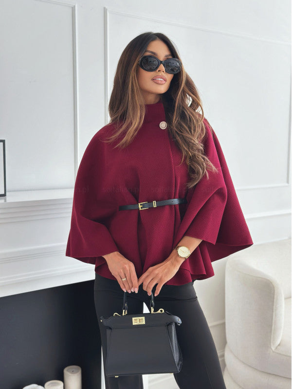 Women's Solid Color Waist Tie Woolen Cape Coat