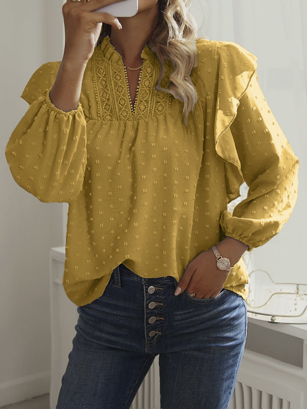 Women's Ruffled Lantern Sleeve Lace Panel Shirt Top