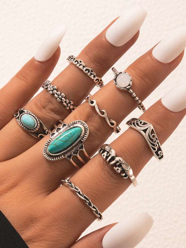 Ethnic style retro inlaid turquoise carved feather ring fashion 8-piece combination ring set