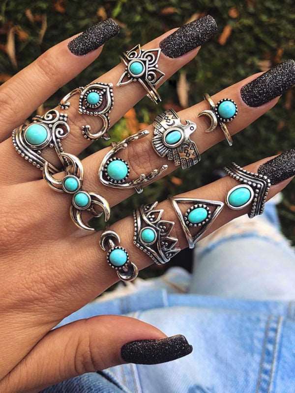 Ethnic style retro inlaid turquoise carved feather ring fashion 8-piece combination ring set