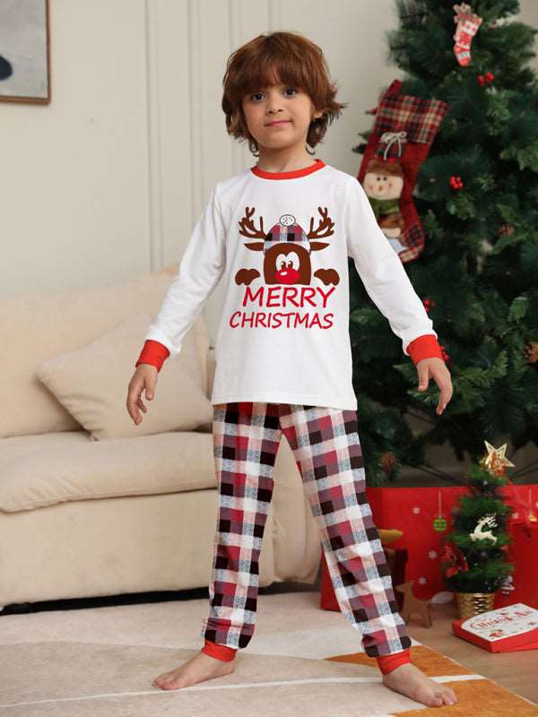 Deer head letter print Christmas parent-child plaid long-sleeved home clothes two-piece set