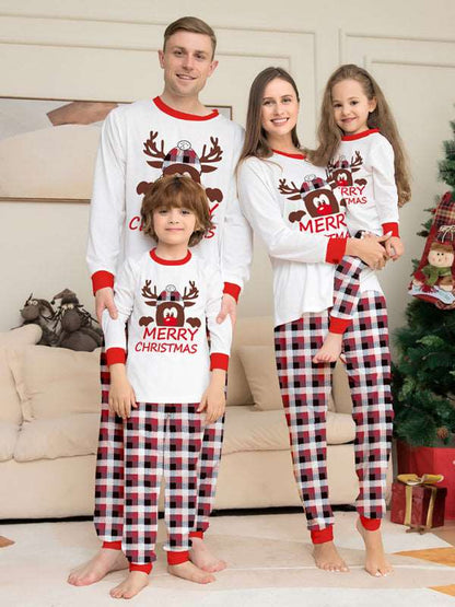 Deer head letter print Christmas parent-child plaid long-sleeved home clothes two-piece set