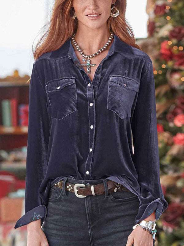 Women's Solid Color Utility Velvet Button Up Shirt