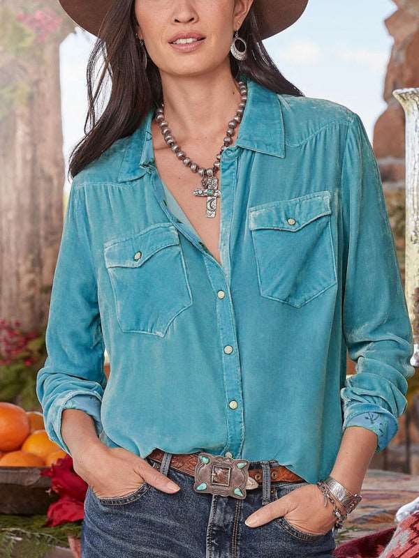 Women's Solid Color Utility Velvet Button Up Shirt