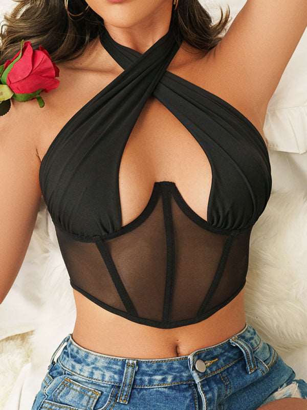 Beautiful chest mesh strap sexy hot girl hanging neck tube top sexy lingerie