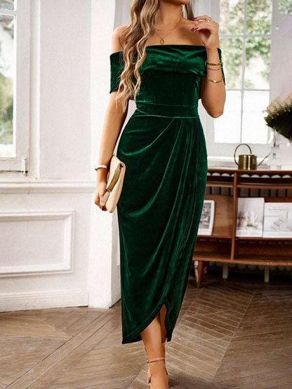 Women's elegant velvet one-shoulder party dress