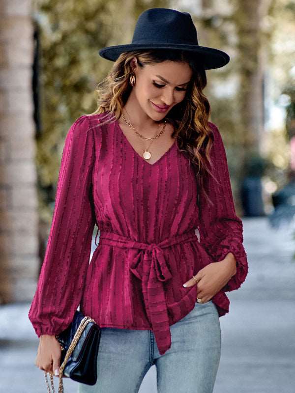 Casual V-neck tied waist slim long sleeves