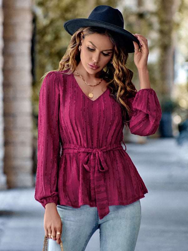 Casual V-neck tied waist slim long sleeves