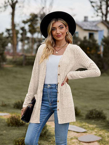 Brushed pitted solid color long-sleeved ladies cardigan