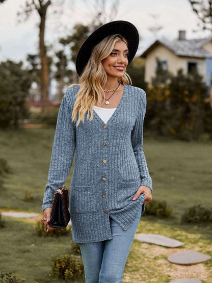 Brushed pitted solid color long-sleeved ladies cardigan