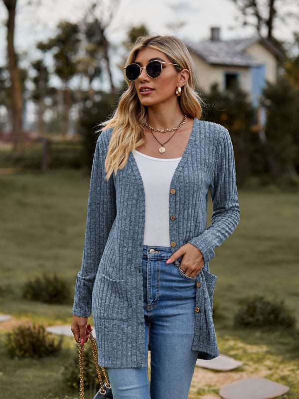 Brushed pitted solid color long-sleeved ladies cardigan