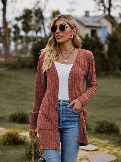 Brushed pitted solid color long-sleeved ladies cardigan