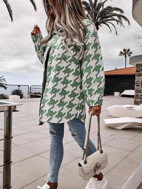 Fashionable loose long-sleeved houndstooth wool coat