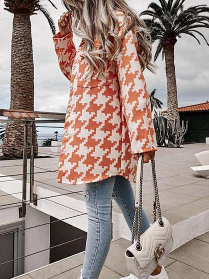 Fashionable loose long-sleeved houndstooth wool coat